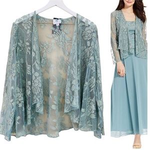PLUS‎ Patra NWT Spearmint Floral Metallic Sheer Lace Open Cardigan Overpiece 14